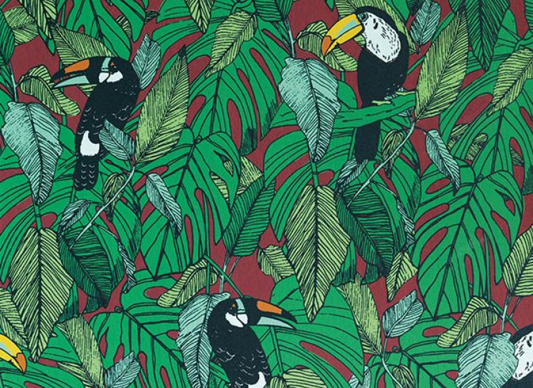 tapisserie tropicale avec toucan dans salon de reunion lyon